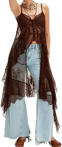UAURORAO Women Maxi Lace Top Spaghetti Strap See Through Flowy Long Camisole Sleeveless Floral Sh... | Amazon (US)