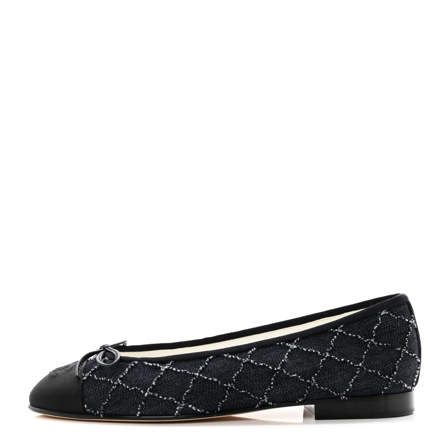 Denim Embroidered Grosgrain CC Cap Toe Ballerina Flats 38.5 Blue Black | FASHIONPHILE (US)