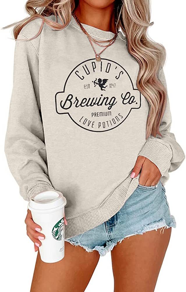 KEKEMI Women Valentine's Day Sweatshirt Cupid's Brewing Co Shirt Retro Love Graphic Sweater Crewneck | Amazon (US)