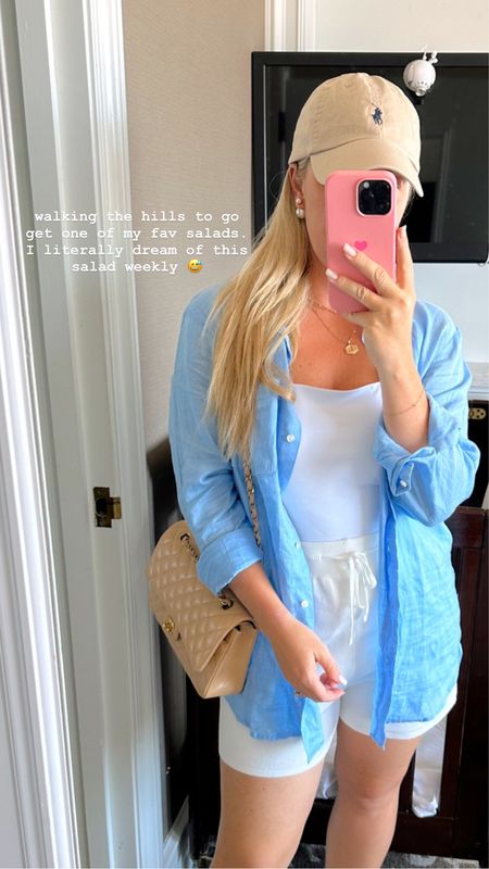 Linen shirt blue (comes in other colors) relaxed fit. In the SM
White square neck bodysuit tts, not see through
White shorts part of a set
Ralph Lauren polo hat
Summer outfit
Workwear (wear white wide leg pants)

#LTKstyletip #LTKunder100 #LTKworkwear