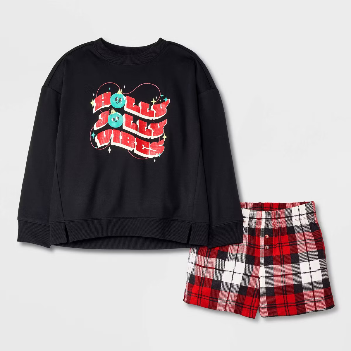 Girls' Christmas 2pc 'Holly Vibes' Long Sleeve Sweatshirt Boxer Pajama Set - art class™ Black/R... | Target