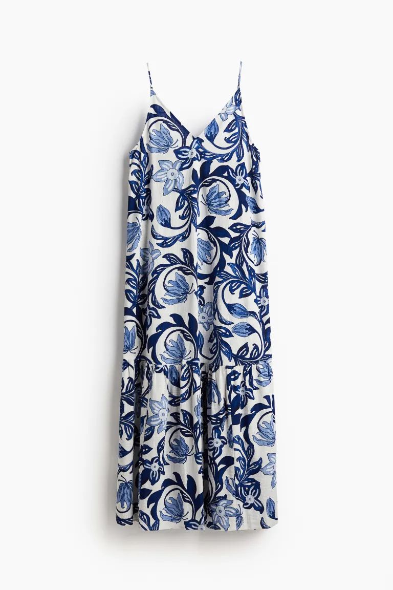 Long A-line Dress - White/blue floral - Ladies | H&M US | H&M (US + CA)