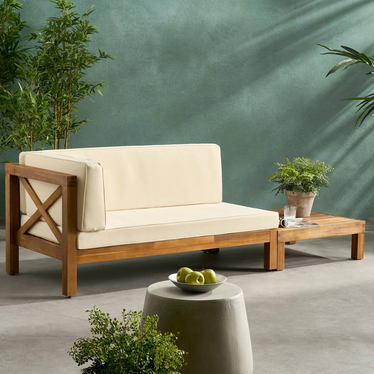 Seana Outdoor Acacia Wood Loveseat And Coffee Table Set With Cushion | Wayfair North America