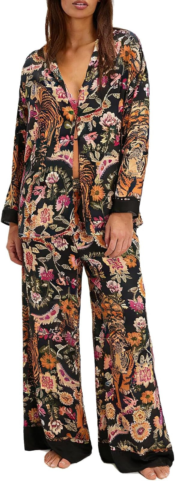 Women Satin Pajama Set Floral Silk Pajamas 2 Piece Lounge Sets Button Down Shirts Wide Leg Pants ... | Amazon (US)
