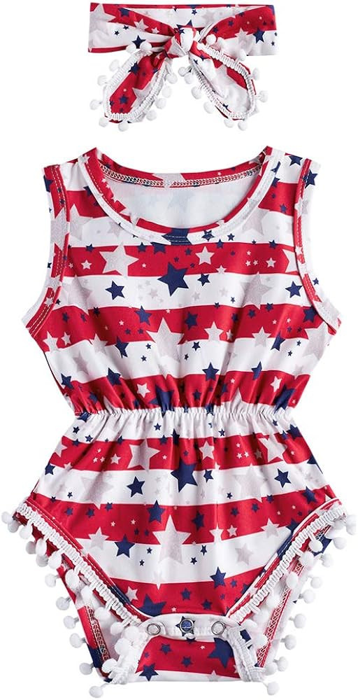 Vogseek Baby Girls Romper Graphic Printed Sleeveless Jumpsuit with Headband for 0-24M | Amazon (US)