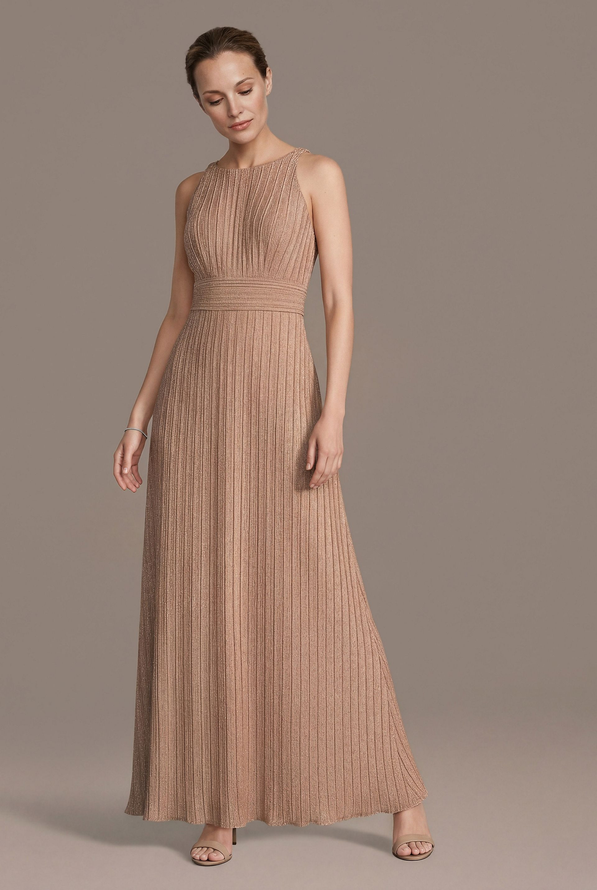 High Neck Pleated Metallic A-Line Dress | David's Bridal