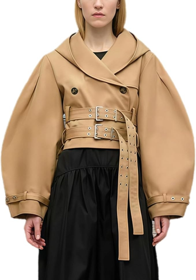 Wuitrie Women's Vintage Leather Hooded Coat Puff Sleeve Belted Waist Oversized Short Jacket Fall ... | Amazon (US)