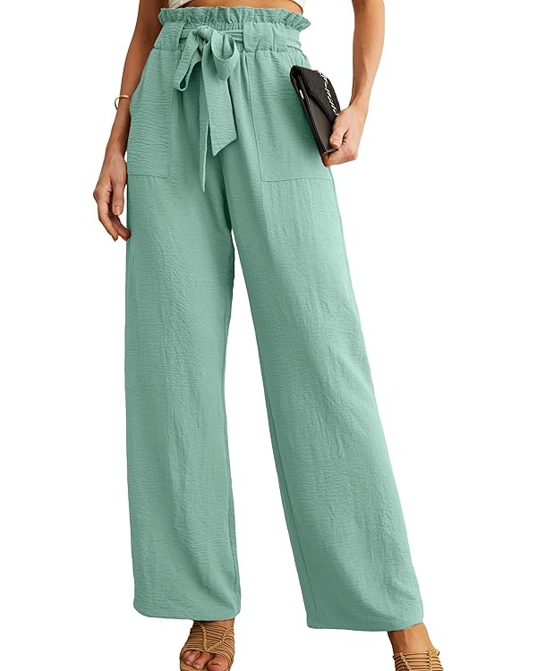IWOLLENCE Women's Wide Leg Pants with Pockets High Waist Adjustable Knot Loose Casual Trousers Bu... | Amazon (US)