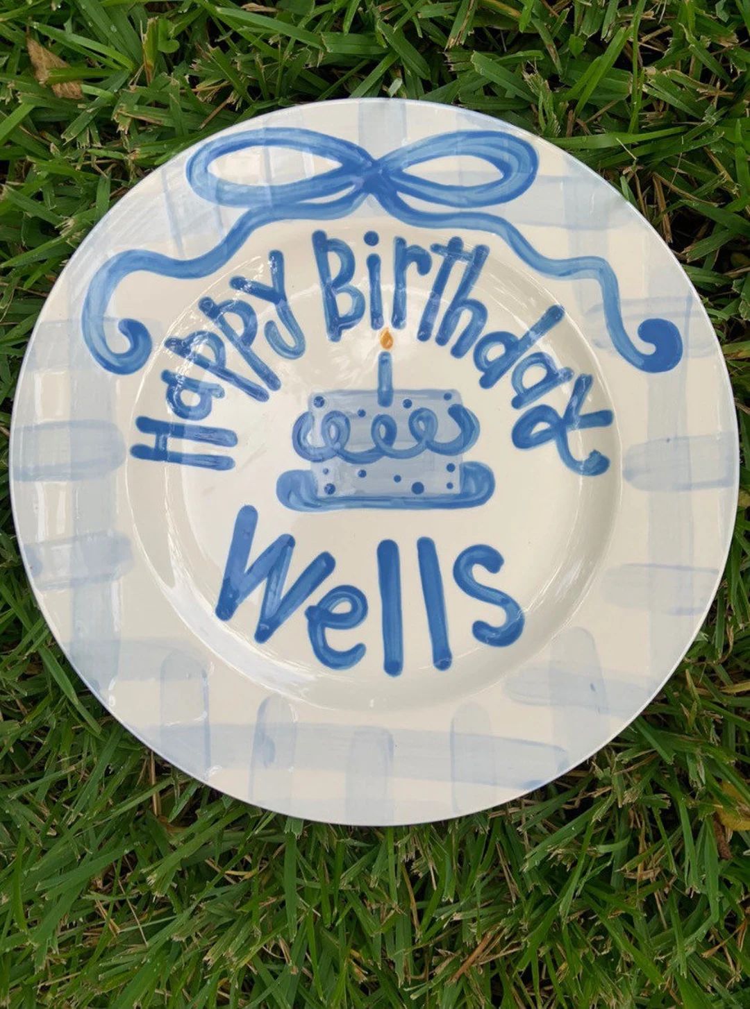 Boys preppy birthday plate // blue gingham and ribbon // first birthday // blue and white // smas... | Etsy (US)