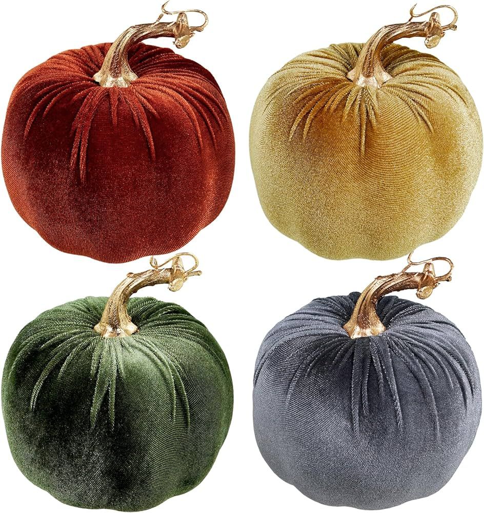 Winlyn 4 Pcs Assorted Faux Rustic Harvest Velvet Pumpkins Decorative Fabric Pumpkins Foam Pumpkin... | Amazon (US)