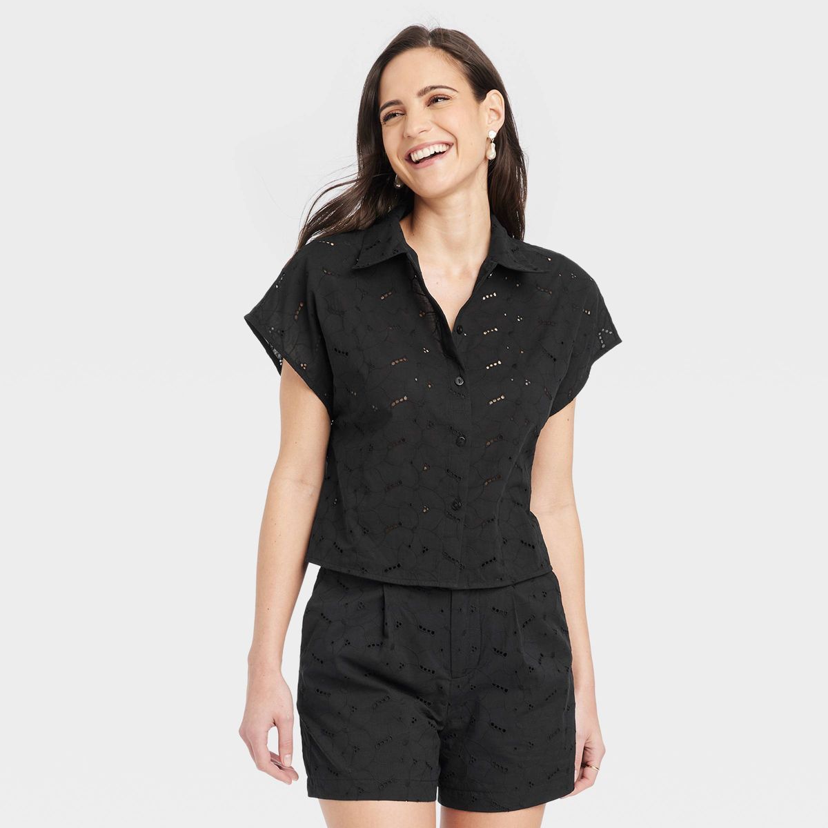 Women's Short Sleeve Eyelet Camp T-Shirt - A New Day™ Black XL | Target