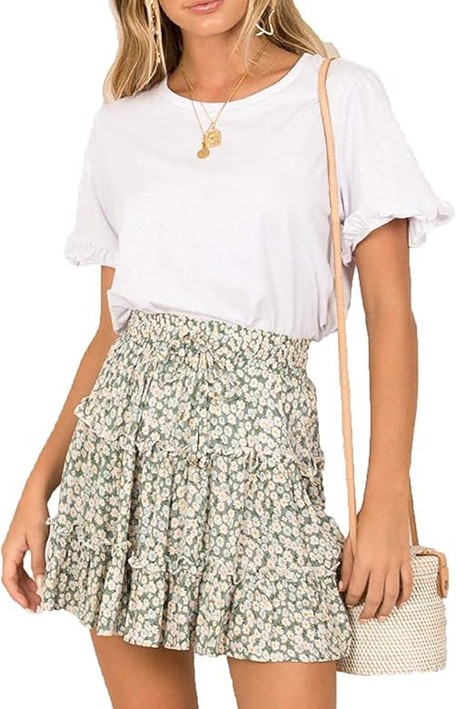 Women's Skirt Summer Printed Skirt Ruffles High Waist Printed Cute Casual Mini Skirt | Amazon (US)