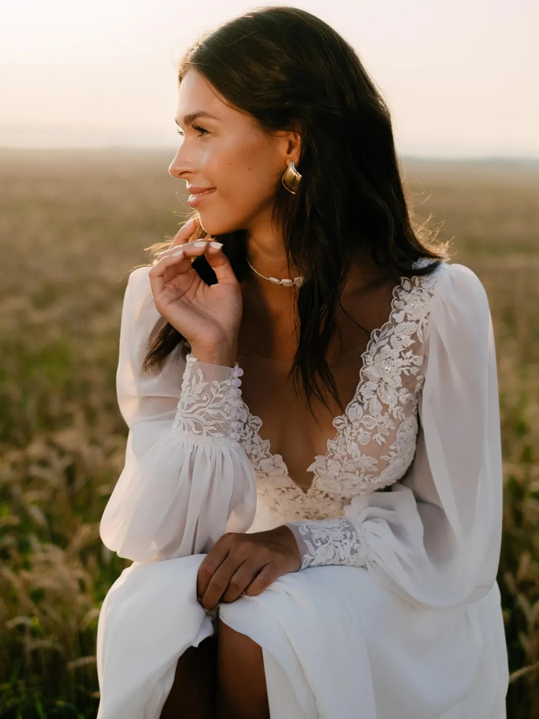 Romantic flowy bridal gown | Puff sleeve chiffon dress | Garden wedding look | DARLINE. | Etsy (US)