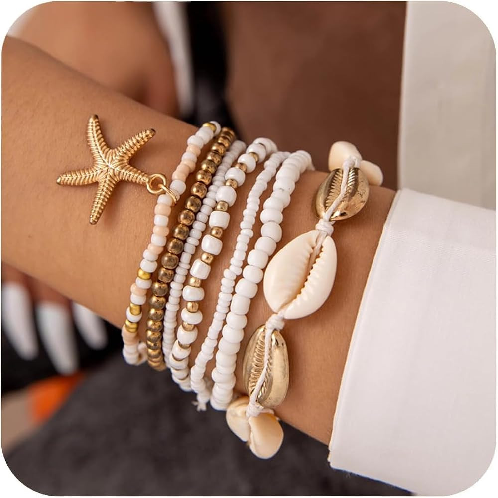 Bohemian 7 PCS Colorful Beaded Seashell Starfish Bracelet Set Beach Jewelry for Women Summer Beac... | Amazon (US)