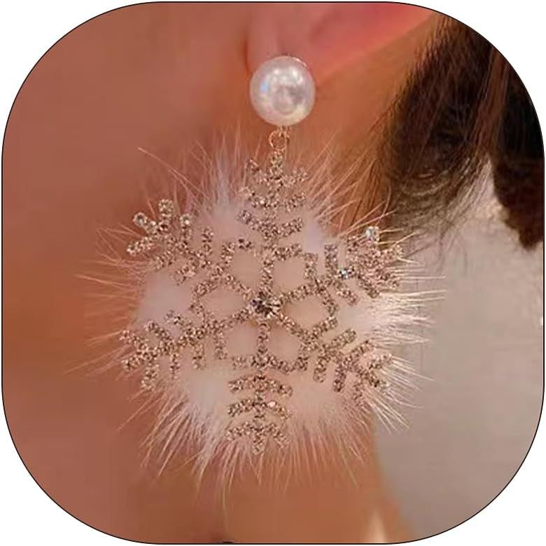 Snowflake Earrings for Women Winter Earrings Pink Fuzzy Earrings Pearl Snowflake Dangle Earrings ... | Amazon (US)