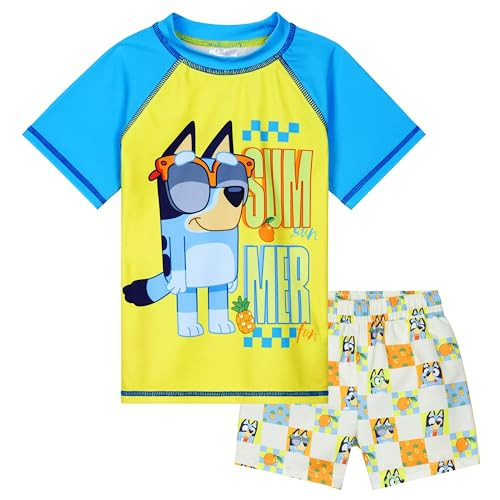 Bluey Swimsuit Set for Boys Kids Toddler Swimwear 2 Piece Swim Suit Trunks and Rash Guard Holiday (3-4 Years, Yellow) | Amazon (US)