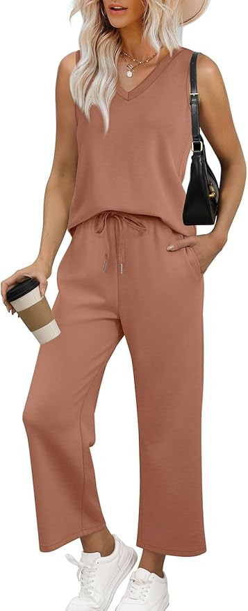 WIHOLL Two Piece Set for Women Summer Outfits Vacation Trendy Lounge Sets V Neck Matching Sets | Amazon (US)