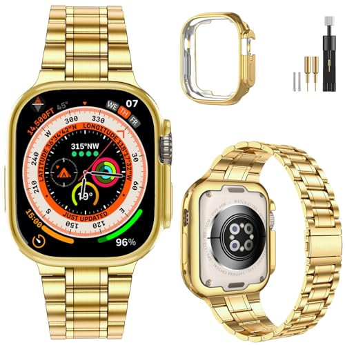 MioHHR Solid Stainless Steel Band Compatible with Apple Watch 49mm Ultra 3/2/1, Metal Strap with Soft TPU Case for iWatch Series Ultra 3/2/1 49mm Women and Men, Gold | Amazon (US)