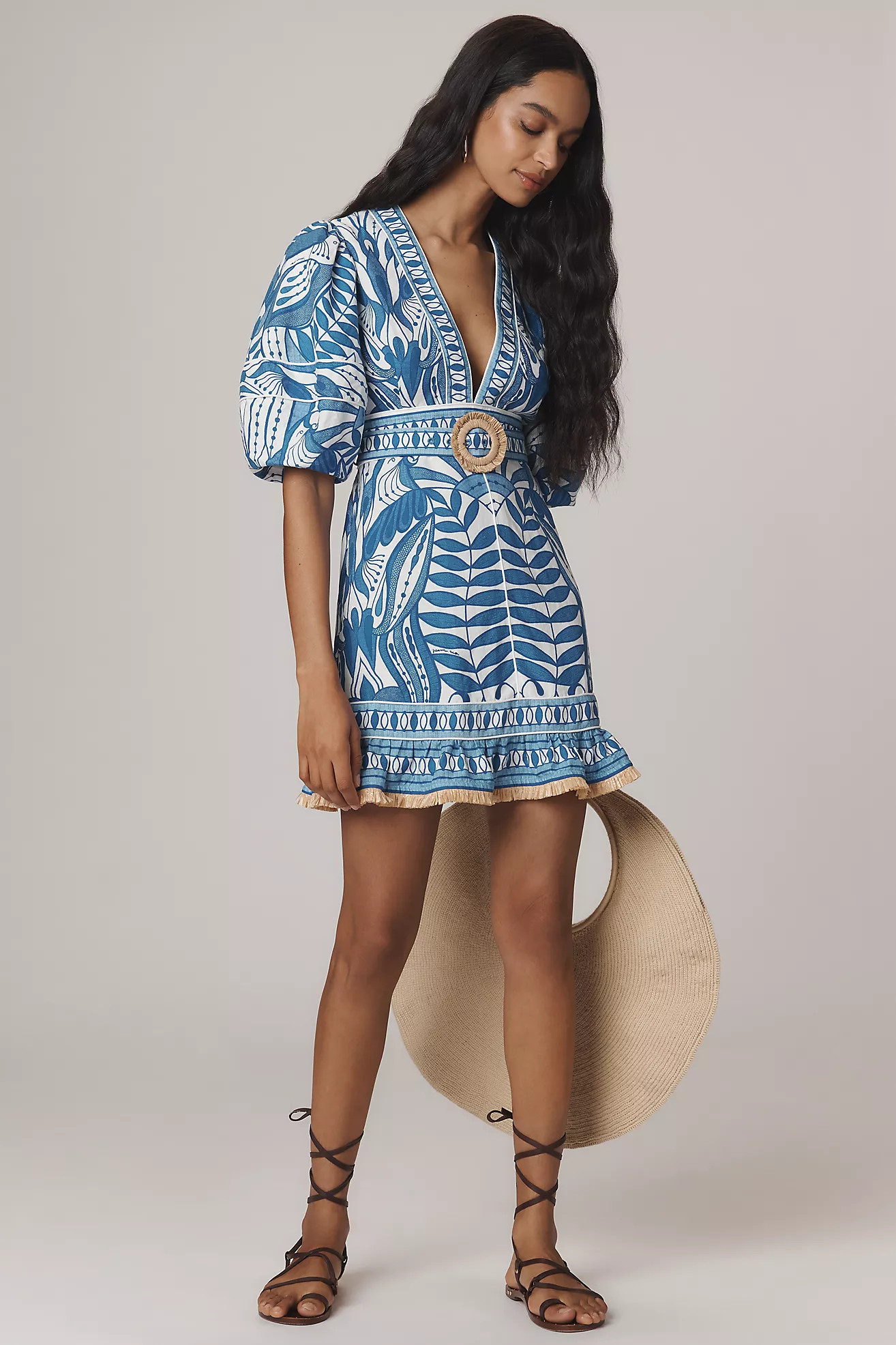 Farm Rio Linen Blend Lace Nature Puff-Sleeve V-Neck Belted Mini Dress | Anthropologie (US)