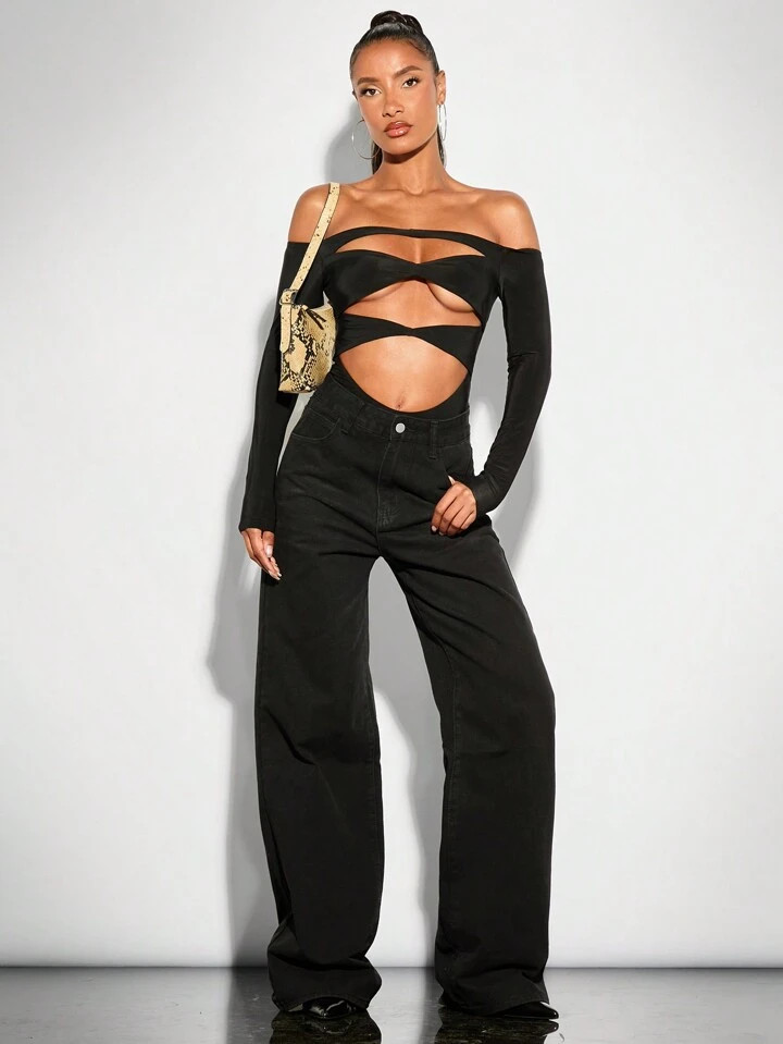 SHEIN BAE Solid Color Sexy Hollow Out Off Shoulder Black Bodysuit For Spring/Summer Festivals, Co... | SHEIN