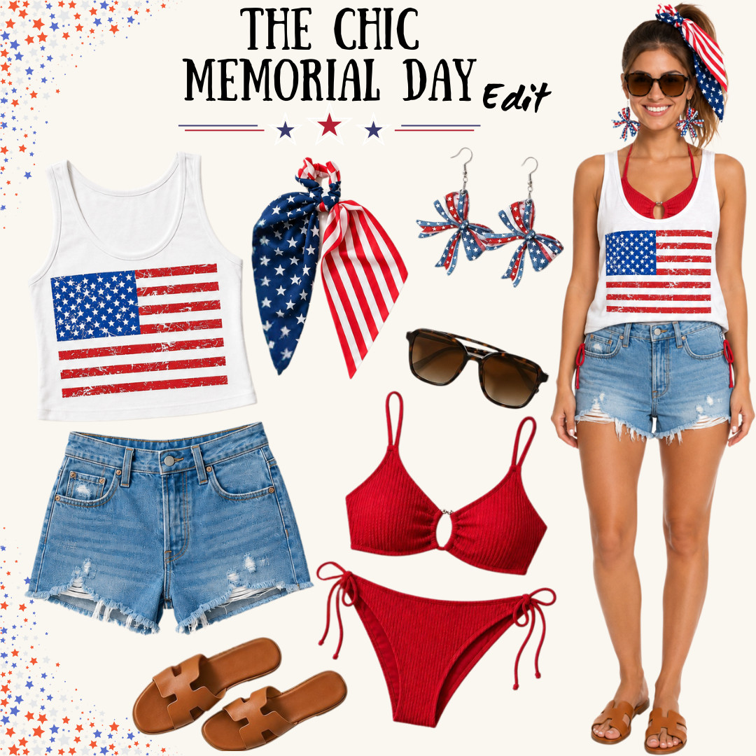 The Chic Memorial Day Edit 🇺🇸 

I did the digging for affordable Amazon finds that make a red, white, and blue outfit feel cute, styled, and festive without looking cheesy. 

This is the kind of easy Memorial Day weekend outfit you can wear for summer BBQs, lake days, beach trips, pool parties, fireworks, vacation, casual weekend plans, and Fourth of July too.

This edit is built around pieces you can actually mix and match: a patriotic white tank, distressed denim shorts, a red bikini, brown slide sandals, sunglasses, hair accessories, and festive Americana earrings. 

Wear the tank and shorts as a casual summer outfit, layer the red bikini underneath for pool or beach plans, or use the accessories to make basics you already own feel holiday-ready.

Everything is affordable from Amazon, which makes this a great last-minute outfit idea if you want pieces that are cute for Memorial Day but still wearable all summer. 

The denim shorts, sandals, sunglasses, and red swim pieces can be restyled for beach vacations, lake weekends, pool days, casual errands, and summer travel.

📌 SAVE THIS:
If you need an easy Memorial Day outfit, Fourth of July outfit, patriotic summer outfit, red white and blue outfit, Amazon summer fashion finds, beach outfit, pool day outfit, BBQ outfit, lake day outfit, denim shorts outfit, red bikini, white tank outfit, or affordable Amazon finds that ship fast.

↓ Everything is linked!

#LTKActive #LTKSaleAlert #LTKTravel