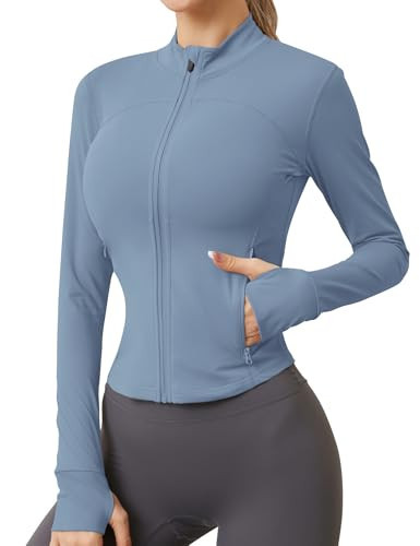 AKEWEI Gym Womens Zip Up Workout Jackets Sky Blue BBL Jackets for Women High Neck Sports Jacket with Pockets Grey Blue L | Amazon (US)