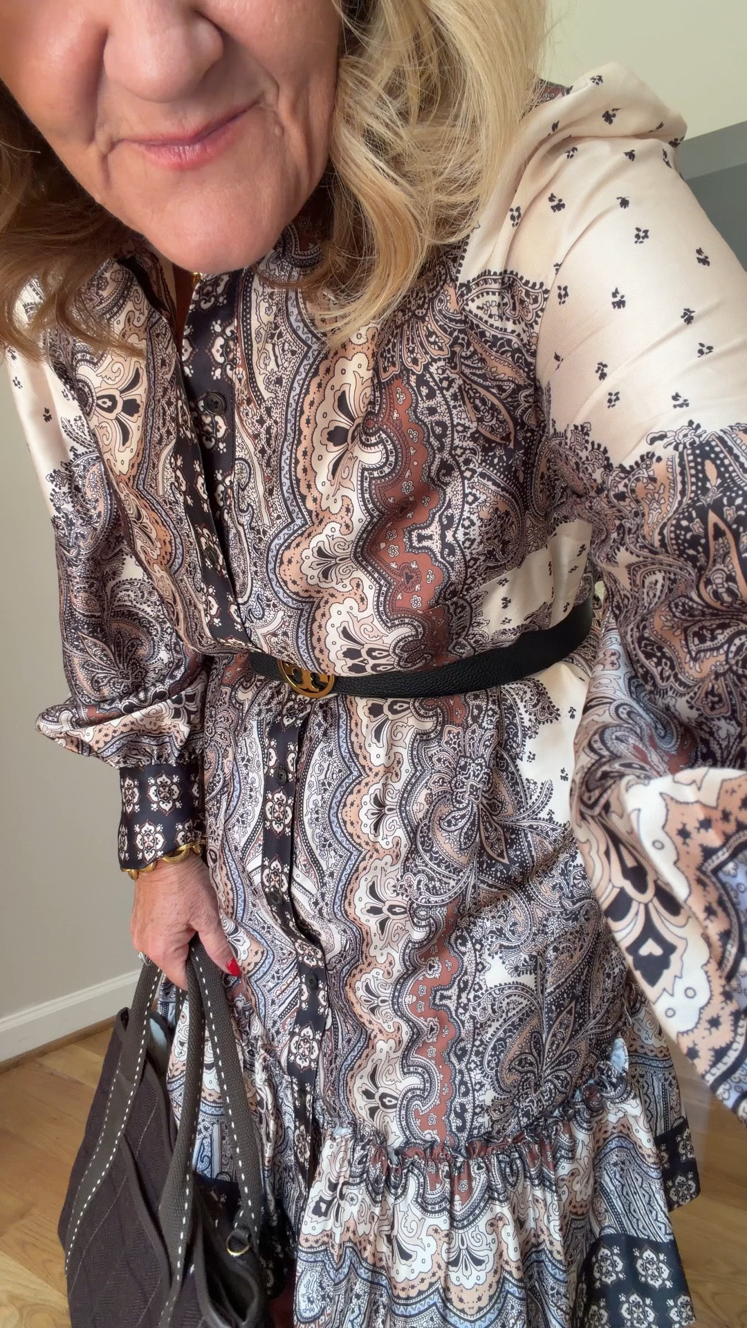 I size down to a six in this dress. The description says chiffon it is not chiffon. It’s more like a combination of a lightweight satin/Tata. It’s fully lined. I took off the small self tie and added my own belt.
Boots are very comfortable and really good for leather quality. Also come in chocolate. I did not size up,
I’ve been wearing this classic reversible belt for years now. It’s a little Spee, but you will have it and wear it so much.

#LTKOver40 #LTKWorkwear #LTKPetite
