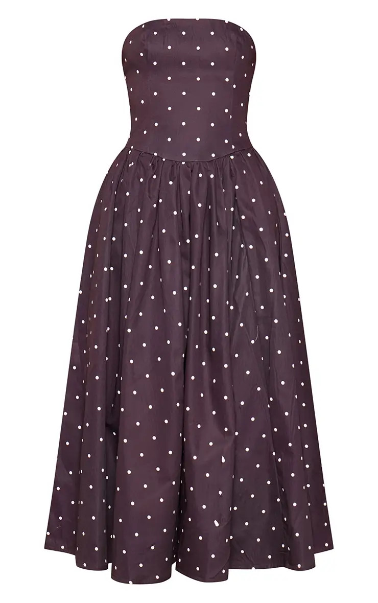 Polka Dot Printed Woven Bandeau Ruched Skater Midaxi Dress | PrettyLittleThing UK