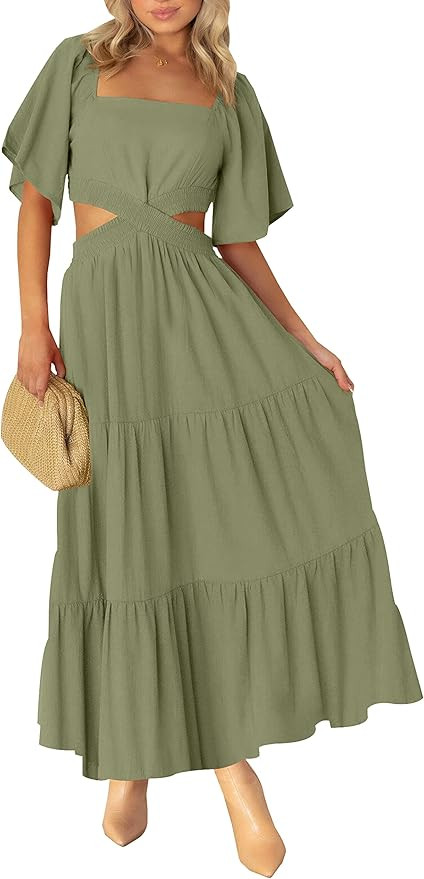LEANI Women's 2024 Summer Cutout Maxi Dress Square Neck Short Sleeve Crossover Waist Casual Party... | Amazon (US)