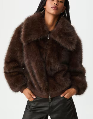 Stradivarius Faux fur jacket in brown | ASOS (Global)
