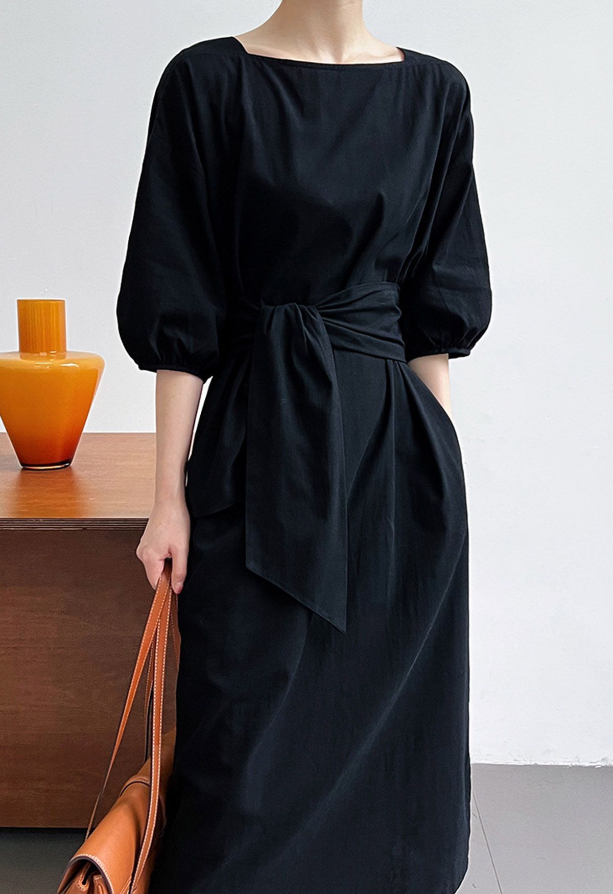 Tie-Waist Elbow Sleeves Linen Dress in Black | Chicwish