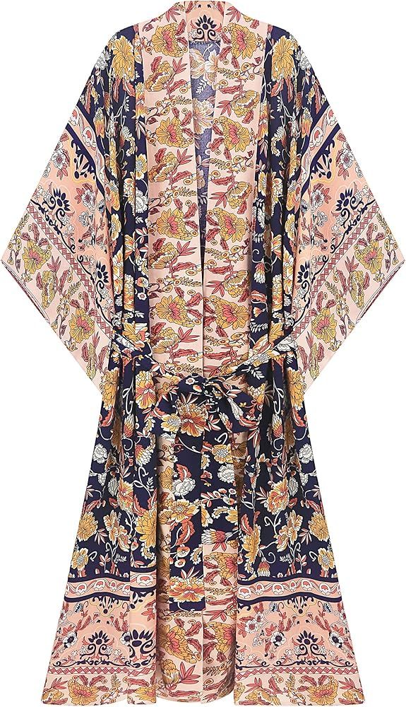 R.Vivimos Women's Vintage Floral Print Beach Boho Cardigan Kimono Maxi Swimwear Cover up Dress Wr... | Amazon (US)