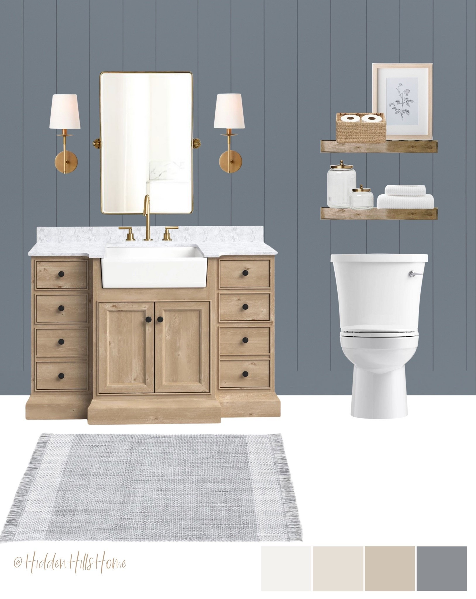 Bathroom decor ideas, bathroom vanity, bathroom mirror, bathroom shelves, powder bath, bathroom mood board, home design #bathroom
Wall color is SW Storm Cloud

#LTKHome #LTKSaleAlert