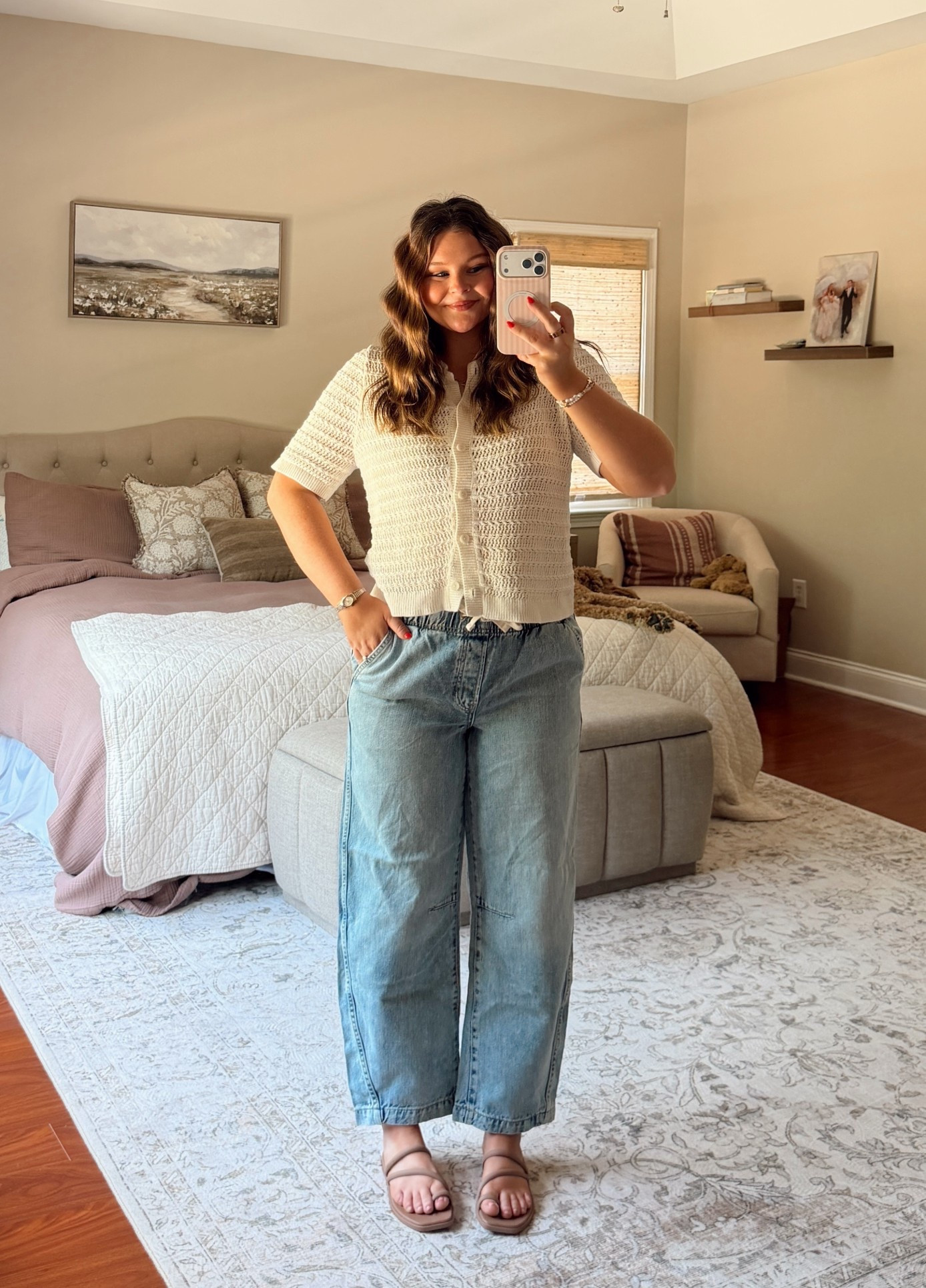easy spring to summer transitional outfit! 
short sleeve cardigan + barrel jeggings