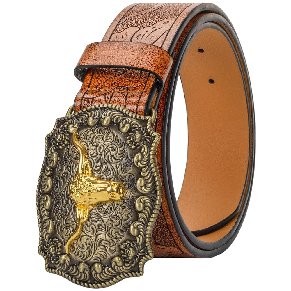 UTOWO Western PU-Leather Cowboy Buckle Belt for Men and Women Jeans Engraved Floral Longhorn Bull... | Amazon (US)