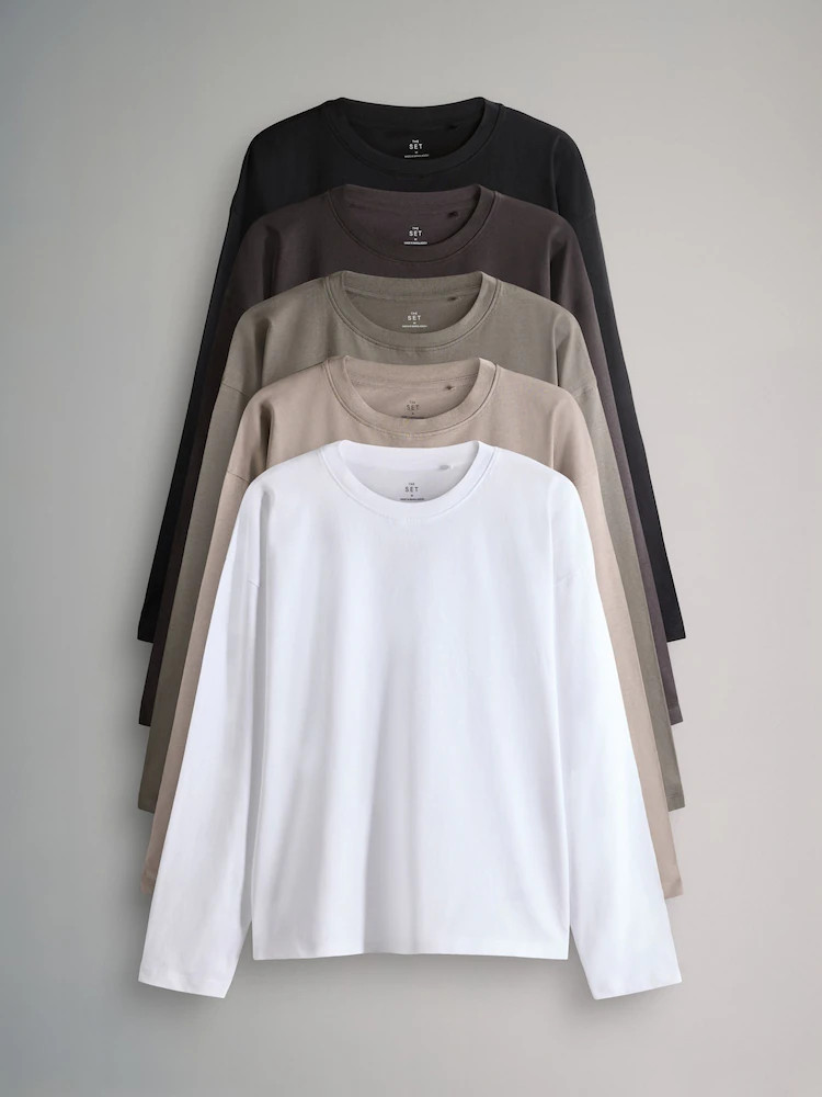 The Set 5 Pack 100% Cotton Relaxed Long Sleeve T-Shirts Black/Chocolate Brown/Taupe Brown/Neutral... | Next EU