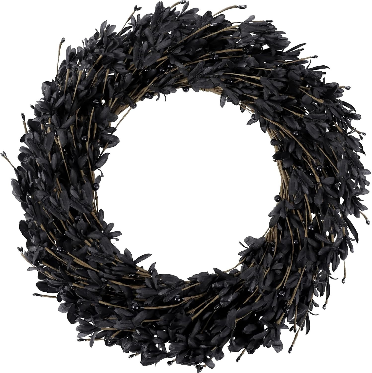 Ureymx 20'' Artificial Forsythia Wreath Spring Summer Fall Winter Wreaths for Front Door with Berries Silk Leaves Wreath for Halloween Decorations Porch Wall Window Indoor Outdoor Home Decor (Black) | Amazon (US)