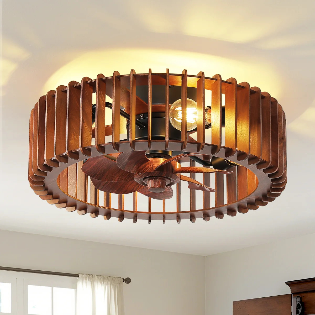 20" Flush Mount Caged Wooden Ceiling Fan With Lights And Remote Control | Wayfair North America