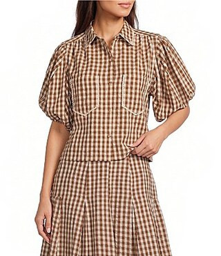 A Loves A Woven Checker Gingham Print Collared Neck Short Bubble Sleeve Button Front Coordinating Shirt -  S | Dillard's