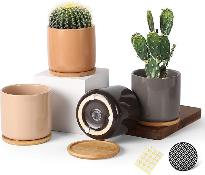 BABALIU 4 Inch Ceramic Plant Pots with Drainage Holes and Bamboo Saucers, Glazed Small Planter fo... | Amazon (US)