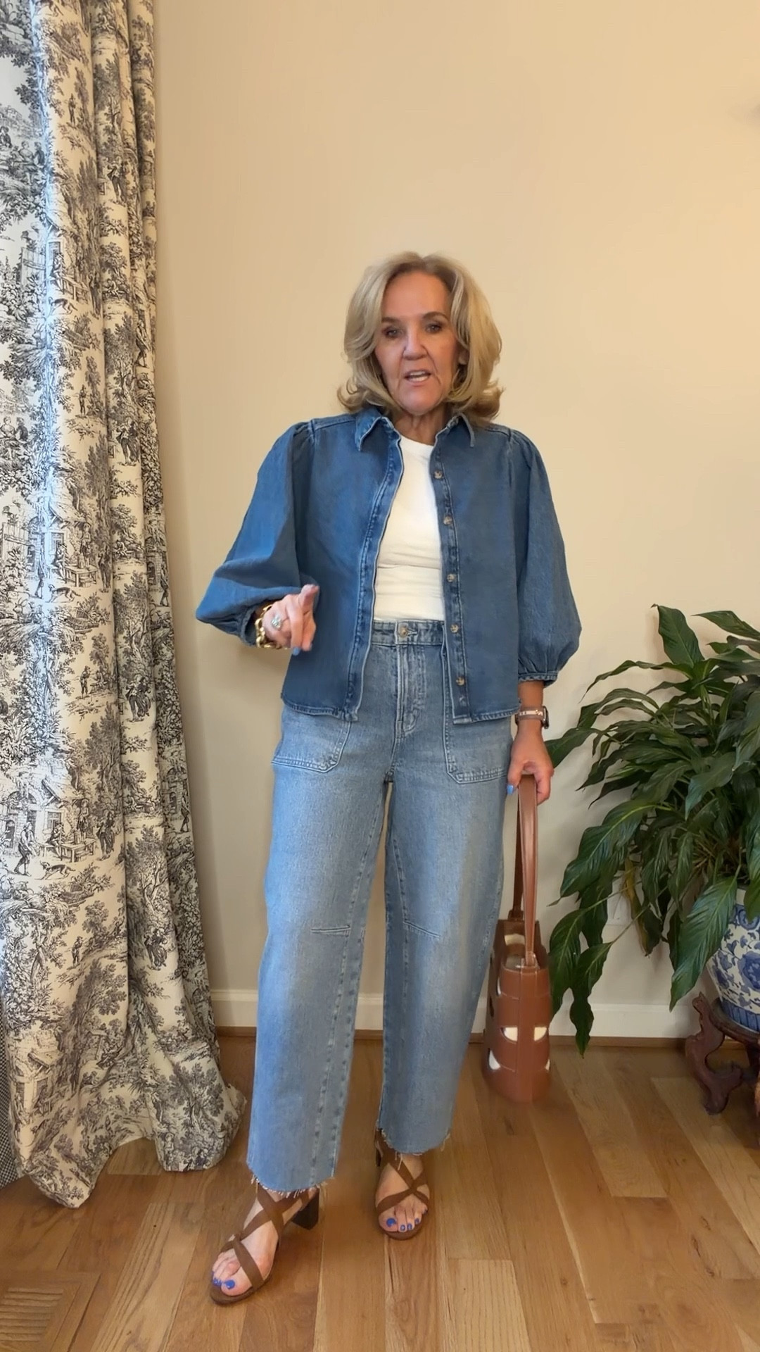 Walmart denim. Woah. The more I look at this video the more I absolutely love this denim shirt/jacket. I am wearing a medium. The jeans I sized down to a six. They’re fitted through the hip, high waisted with room through the thigh. Barrel jeans, but not too much barrel.
Sandals are true the size


#LTKOver40 #LTKSeasonal #LTKstorytime