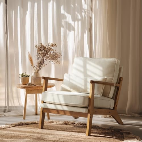 VINGLI Solid Wood Wide Armrests Accent Chair,Upholstered Mid Century Modern Chair with Pillow,Comfy Reading Chair Farmhouse Arm Chair,Chairs Living Room,Bedroom,Guest Room,Linen Fabric,Beige | Amazon (US)