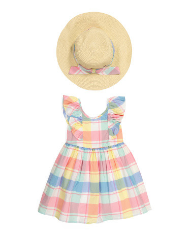 Toddler Plaid Ruffle Dress And Straw Hat | TJ Maxx