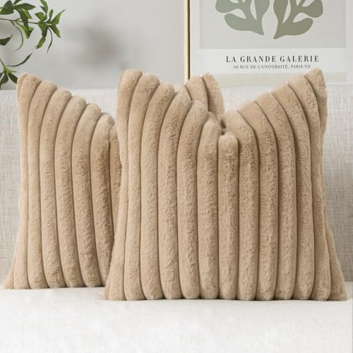 MIULEE Faux Fur Decorative Throw Pillow Covers 16x16 Inch Set of 2, Modern Spring Home Decor Soft Plush Couch Pillows Cozy Fluffy Cushion Covers for Sofa Khaki | Amazon (US)