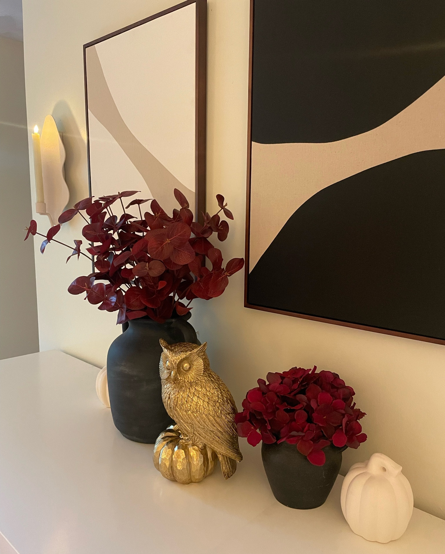Autumn bedroom decor with flickering candle details, plum florals, black ceramic vases, ceramic pumpkins and a gold owl pumpkin statue 

#LTKSaleAlert #LTKHome #LTKSeasonal