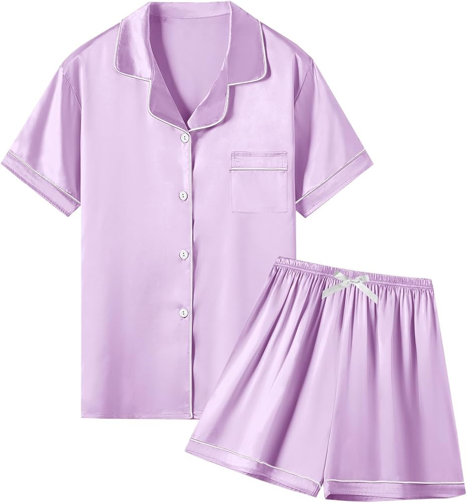 QZH. DUAO Girls & Women's Short Sleeve Satin Pajamas Set Silky 2Pcs Sleepwear, 3 Years - 2XL | Amazon (US)