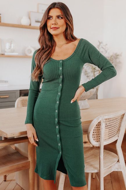 Long Sleeve Button Down Green Ribbed Dress | Magnolia Boutique