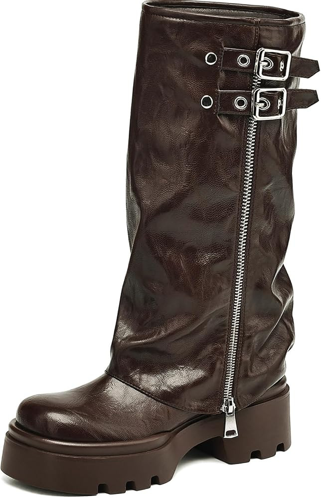 Women's Knee High Boots Buckle Moto Biker Boots for Women Platform Fold Over Tall Boots Chunky Lo... | Amazon (US)