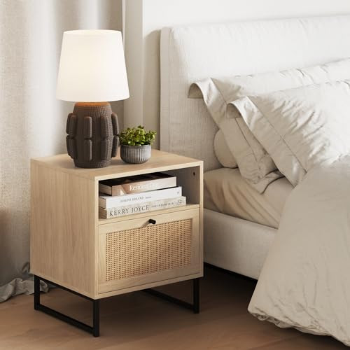 Nathan James Mina Rattan Wood End Side Accent Table Nightstand with Storage for Living Room or Be... | Amazon (US)