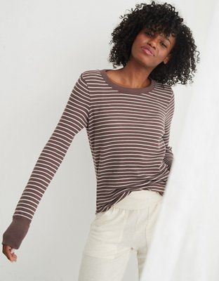 Aerie Waffle Crewneck Long Sleeve T-Shirt | American Eagle Outfitters (US & CA)